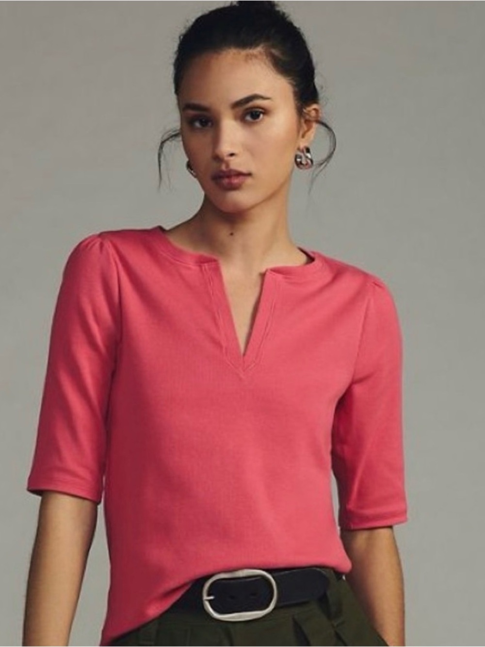 Maeve by Anthropologie Classic Split Neck Half Sleeve Ribbed Knit Top Sz Small